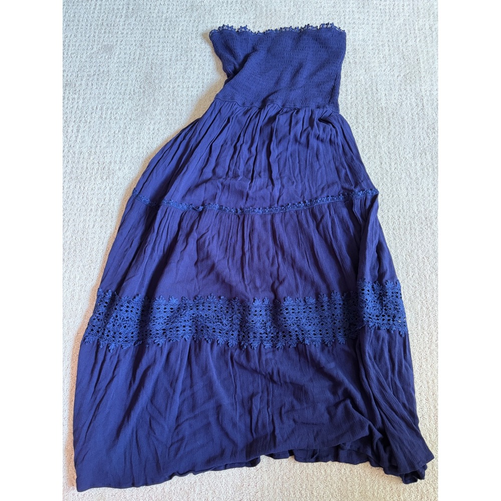 Strapless Maxi Dress Womens Large Navy Smocked Boho Crochet